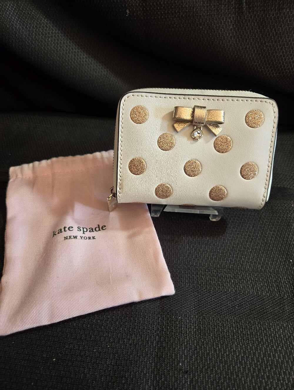 kate spade Cream Wallet with Gold Polka Dots & Metallic Bow Charm